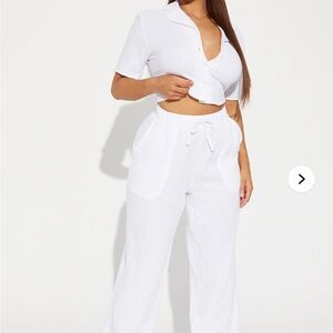 Women's White Drawstring Wide-Leg Pant set